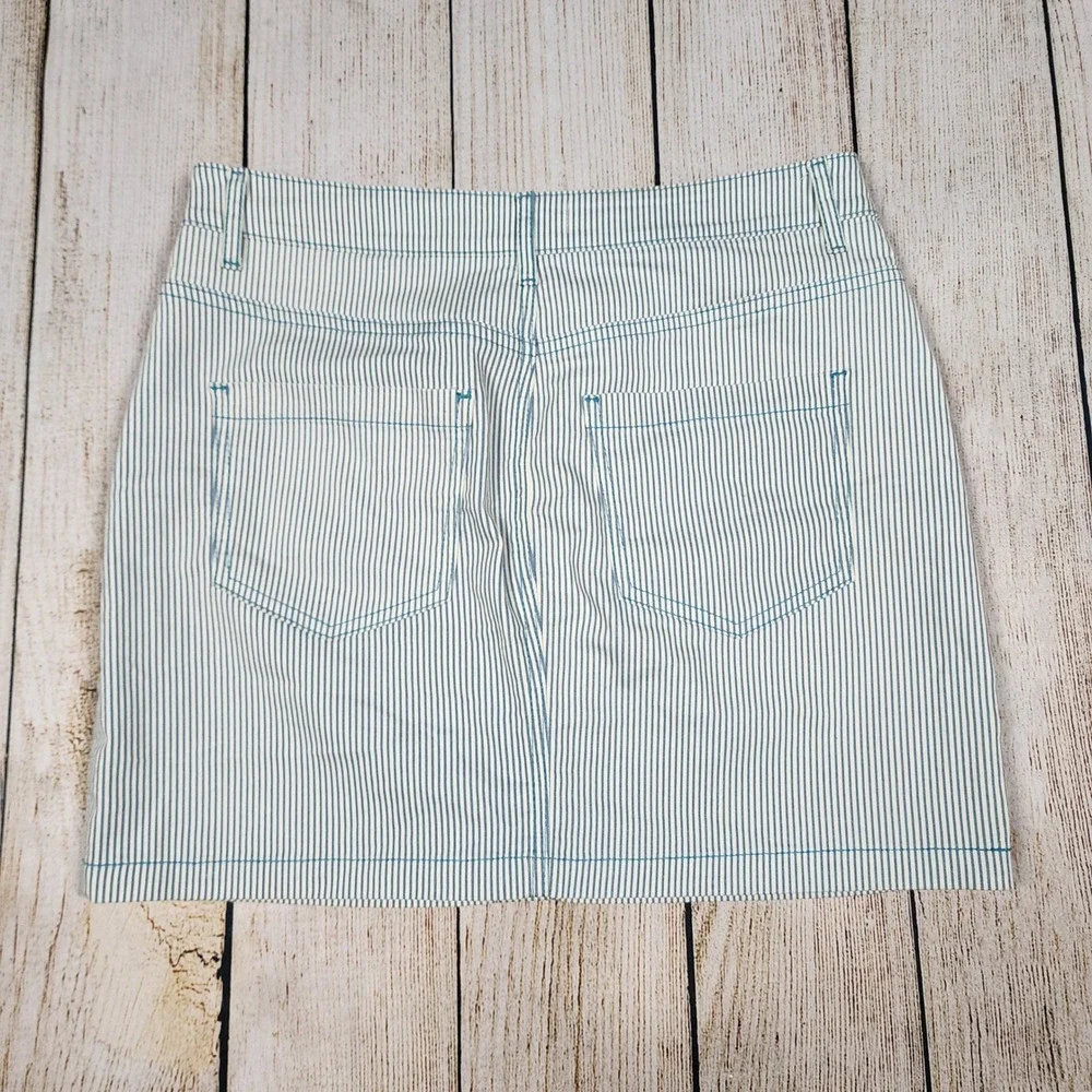 Milk Blues Teal & White Striped Denim Mini‎ Skirt Button Front Pockets Medium